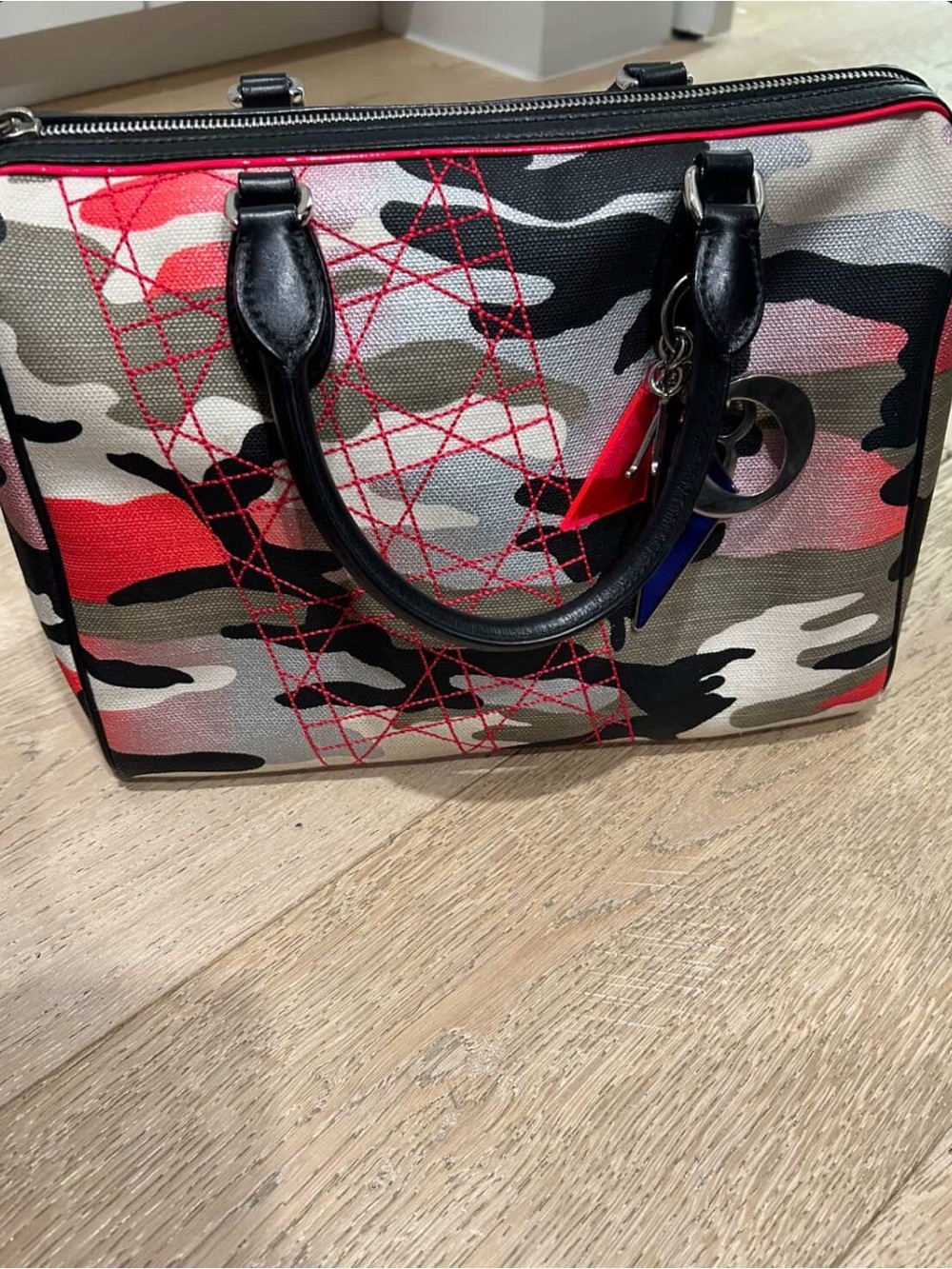 Dior Camo Print Satchel with Red Stitch Detail